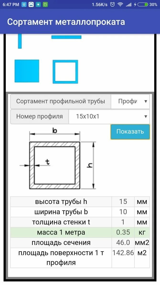 Площадь профилей