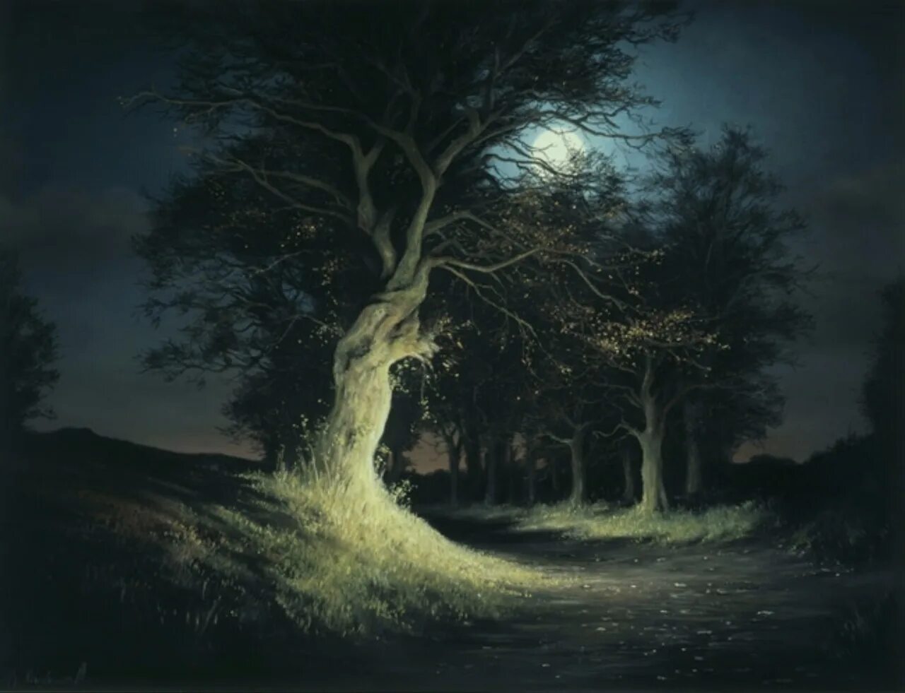 Дерево освещенное луной. Мистические пейзажи. Ночной лес живопись. Ночь живопись.