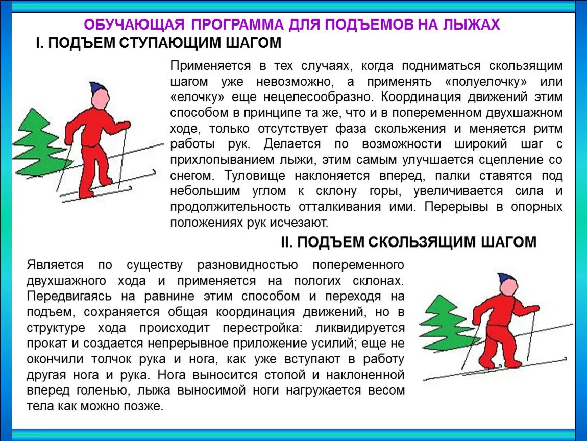 Техника выполнения подъема на лыжах. Техника спусков и подъёмов на лыжах кратко. Спуски и подъемы на лыжах. Лыжные спуски и подъемы виды. Подъем в гору на лыжах.