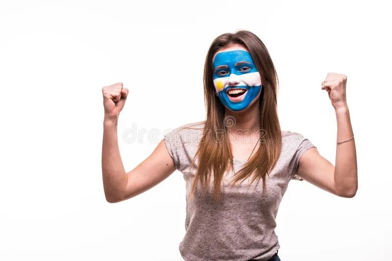 Fan support. Women Fans. Fans support. The girl with the Argentine Flag on her face.