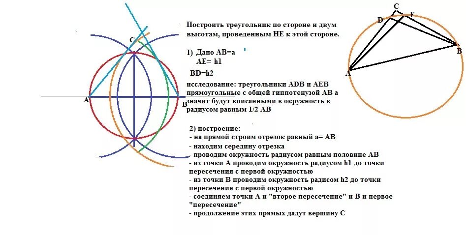 Построить треугольник по высоте основанию и медиане. Как построить треугольник по 2 сторонам и высоте. Алгоритм построения треугольника по стороне и двум высотам. Построение треугольника по сторонам и высоте. Треугольник по стороне и высотам проведённым.