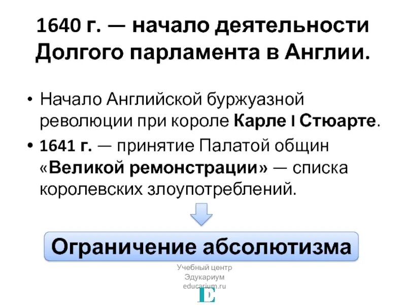 Начало активности. 1640 Г. − начало деятельности ______________ парламента в Англии,. 1640 Созыв долгого парламента. Начало деятельности долгого парламента в Англии. Наспоо деятельности долгого парламента в Англии.