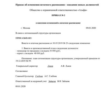 При изменении штатного расписания работника