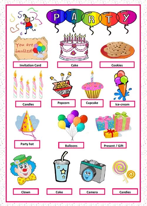 Kinds of presents. Types of Parties. Party decorations Vocabulary. Fancy Dress Party Vocabulary. Invitation Card Cake.