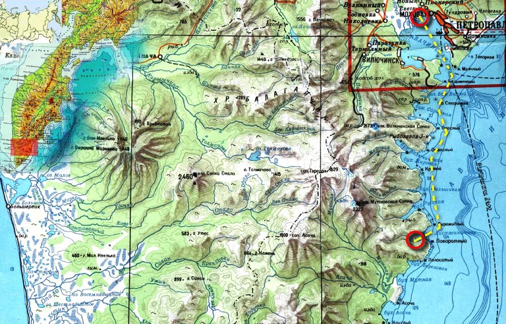 Полуостров Камчатка на карте. Курильское озеро Камчатка на карте России. Береговая линия Камчатки. Петропавловск-Камчатский озеро Курильское. Горы камчатки на карте россии