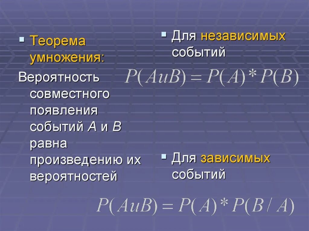 Равна произведению вероятностей событий. Теорема зависимых и независимых произведений событий. Произведение трех зависимых событий. Вероятность произведения зависимых событий. AUB теория вероятности.