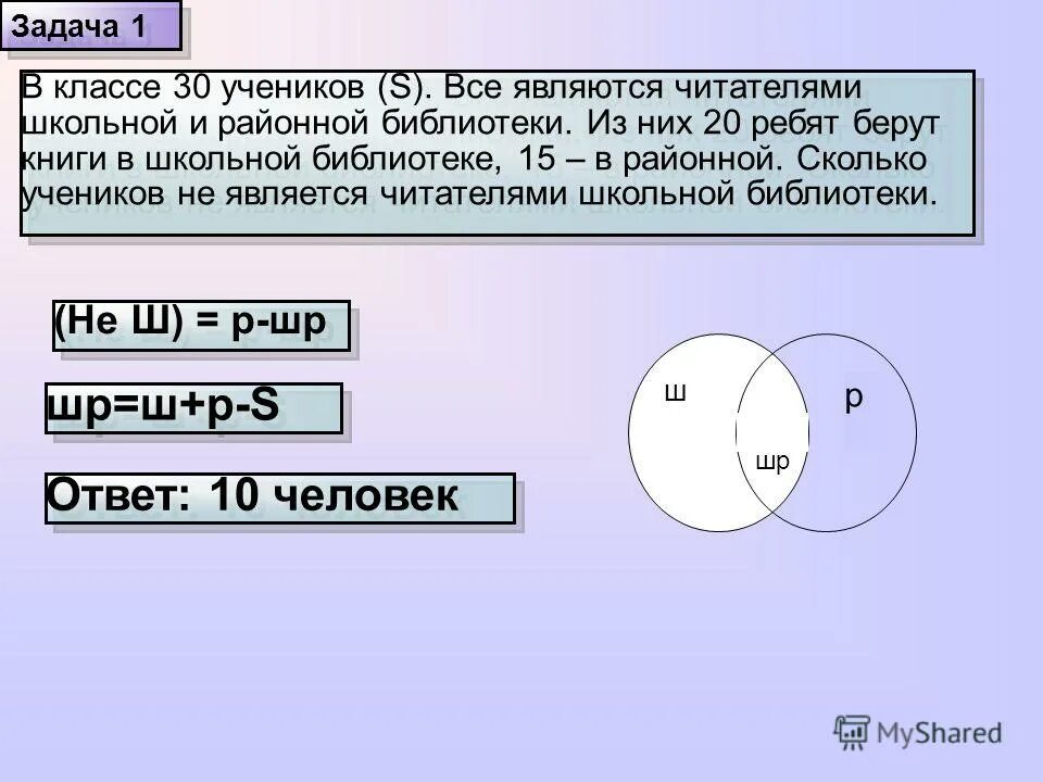 В классе 30 учеников. 30 Класс. Множества читатели школьной и районной. Площадь класса на 25 учеников.