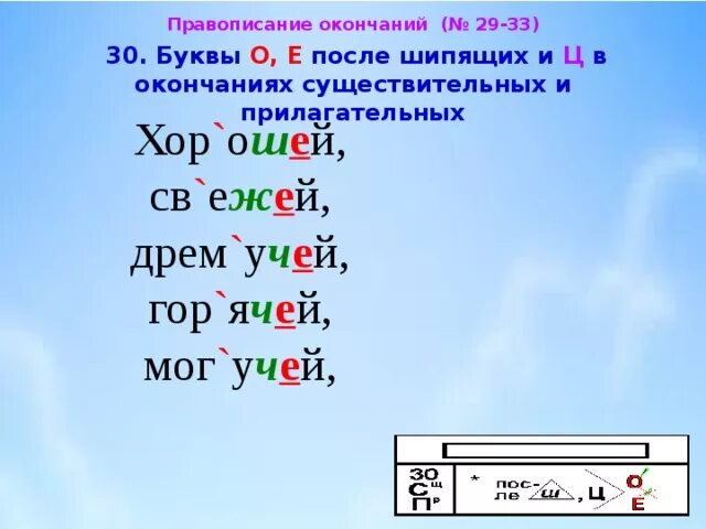 Окончание прилагательных после шипящих. Буквы о и е после шипящих и ц в окончаниях существительных. Буквы о ё после шипящих и ц сущ и прилаг в окончаниях. Буквы о и е после шипящих и ц в окончаниях сущест. Буквы е и и в окончаниях имен существительных.