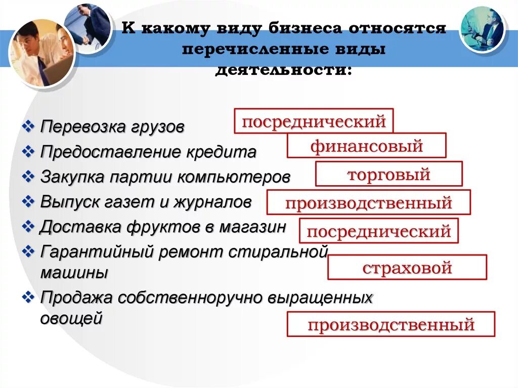 Перевозка грузов предоставление кредита. Виды бизнеса. Виды бизнеса и примеры. Виды деятельности бизнеса. К какому виду бизнеса относятся перечисленные виды деятельности.