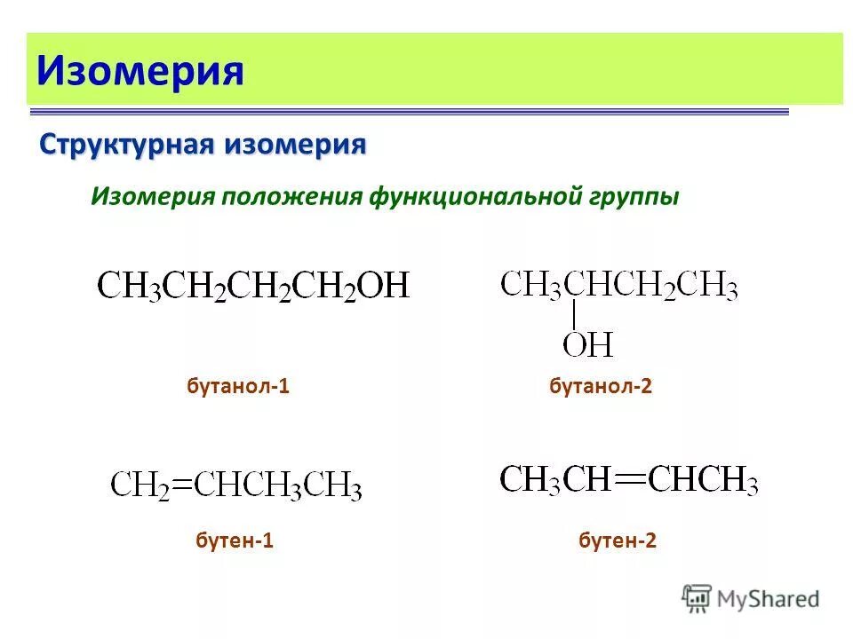 Структурная изомерия положения функциональной группы. Изомерия бутанола 1. Бутен виды изомерии