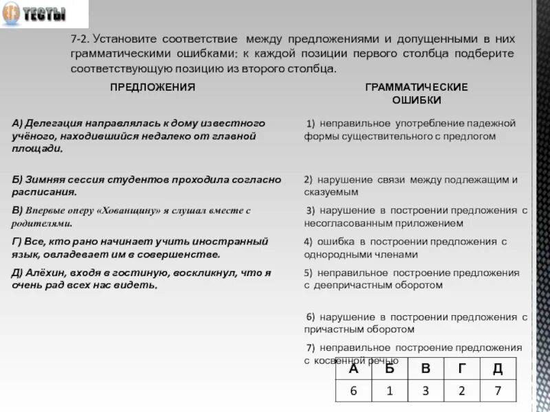 Установите соответствие между предложениями