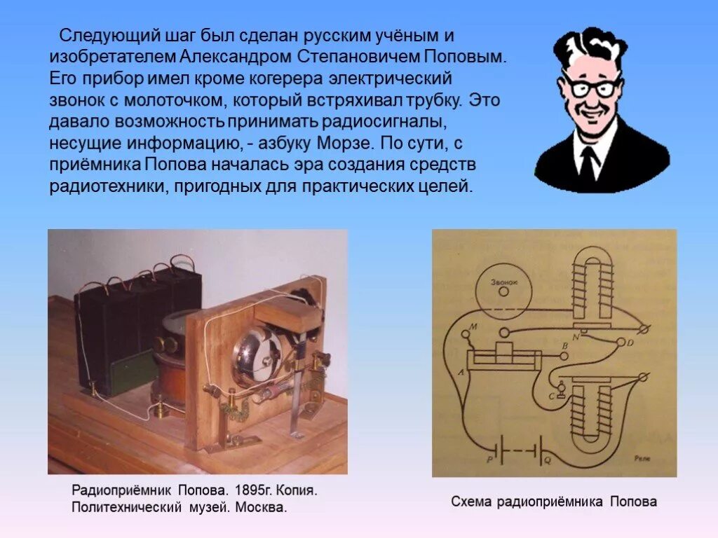 Сделай следующее радио. История развития радио. изобретение электрического звонка. какой ученый изобрел радио. попов радио нарисованный.