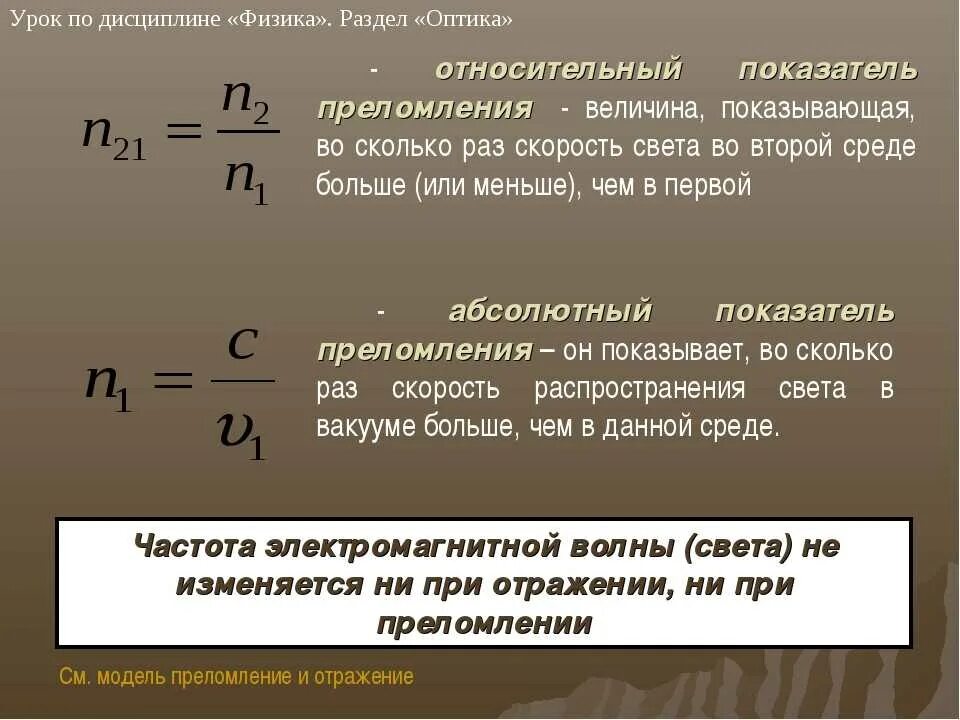 Урок 21 физика. Относительный показатель преломления формула. Формула определения абсолютного показателя преломления. Абсолютный показатель преломления формула. Относительный показатель преломления света формула.