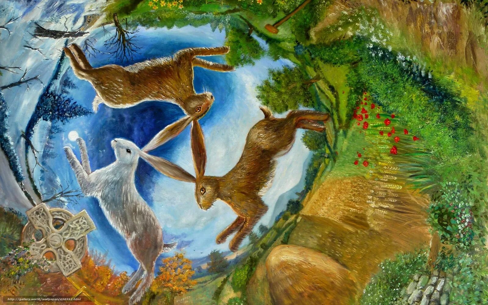 Круговорот оленей. Заяц картина. Заяц живопись. Богиня природы и животных. Времена года иллюстрации.