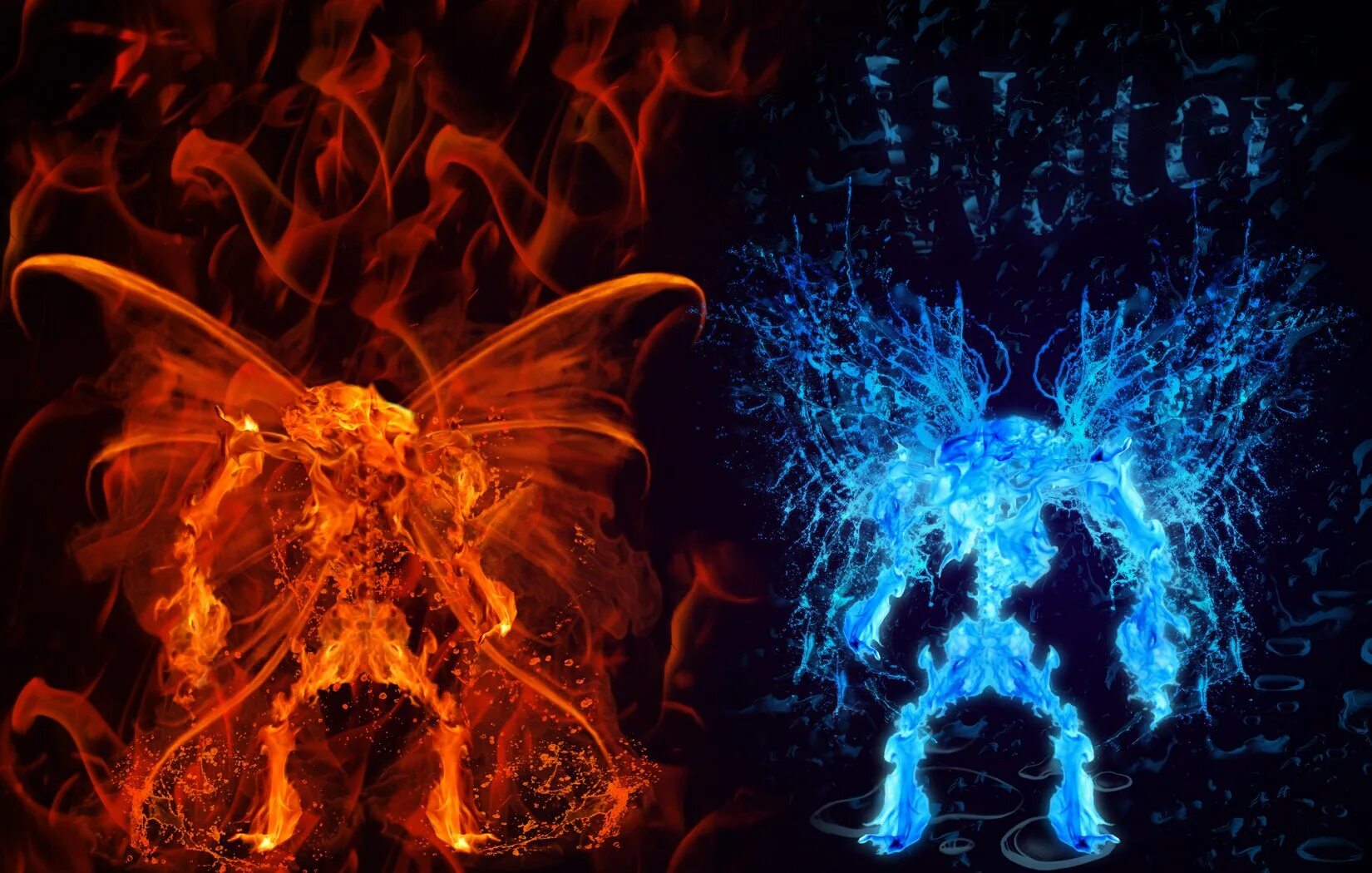 Синий огонь. Демон с огнем и водой. Огонь и лед. Огненный дракон.