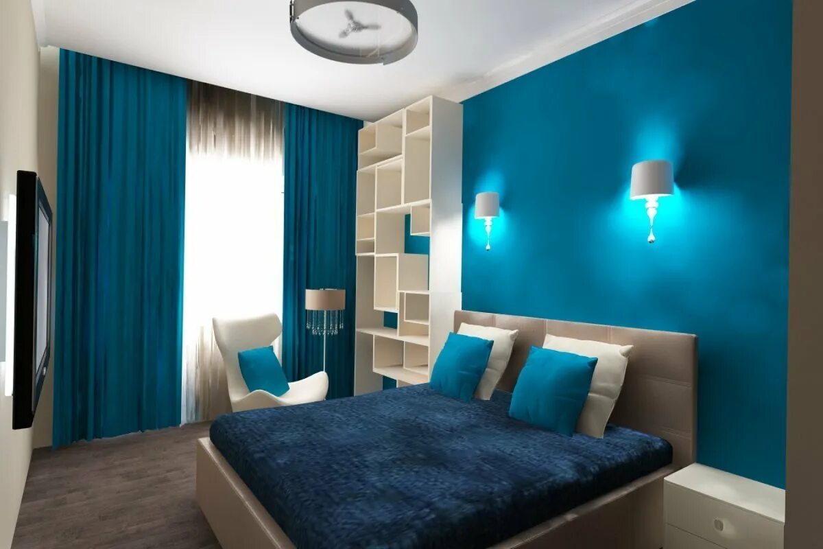 Красивые синие комнаты. Спальня в синем цвете. Бирюзовые обои в спальне. Спальня цвета морской волны. Комната в бирюзовых тонах.