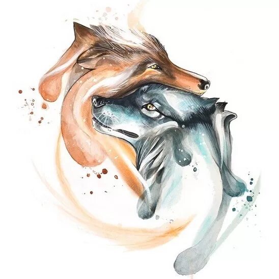 Тату волка и лисы. Тату лиса. Парные тату волков. Тату лиса и волк. Тату волк акварель.