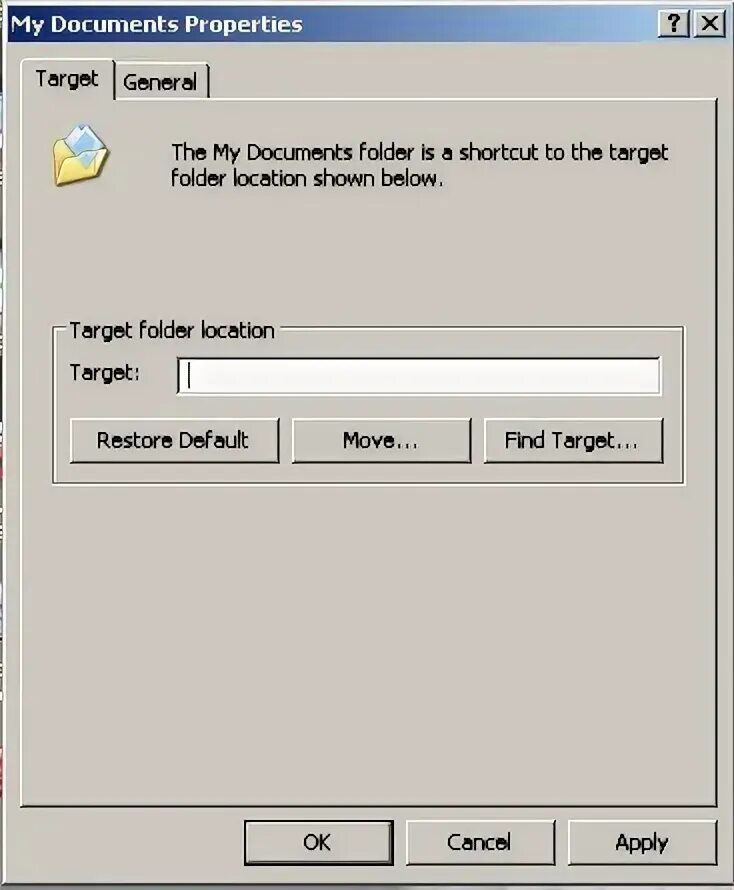 Target folder. Properties target. target on the properties link.