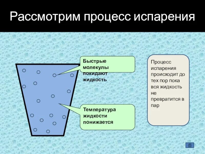 Процесс испарения. Испарение жидкости. Процесс парообразования. Процесс испарения жидкости.