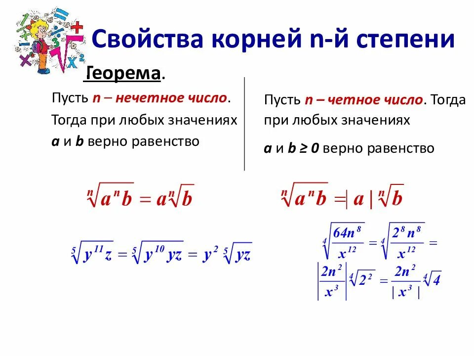 Свойства корня n-й степени. Свойства корня четной степени. Корень n n-й степени, n n – нечетное число. Корень n-й степени, n - нечетное число график.