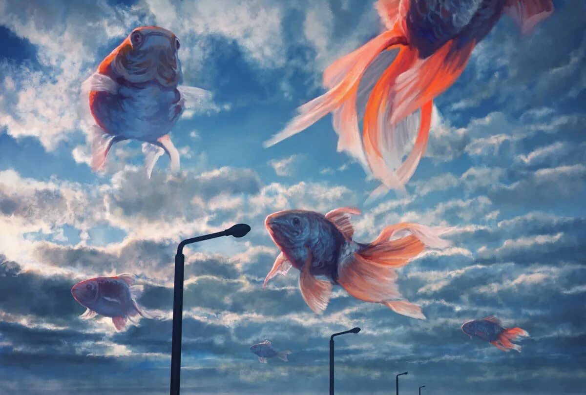 Летающие рыбы арт. Рыбы в небе. Рыба арт. Рыбы в небе арт.