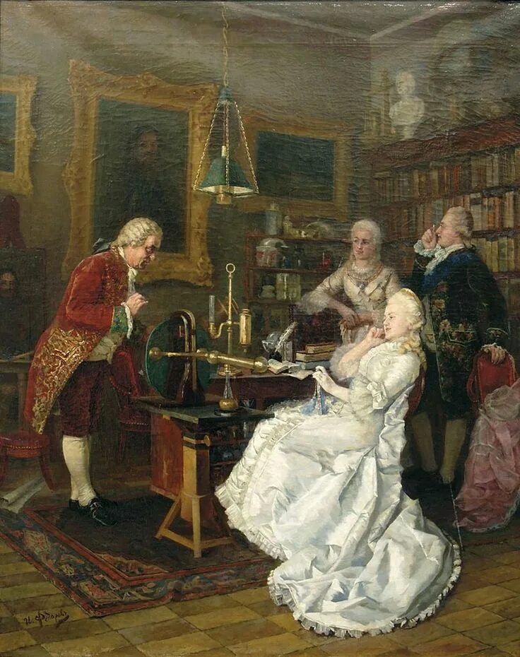 Картина вторая. И. К. Фёдоров. «Императрица Екатерина II У М. В. Ломоносова». 1889.. И.Фёдоров. Императрица Екатерина II У Ломоносова.. Императрица Екатерина II У М.В. Ломоносова. Худ. И.К. Федоров. 1884. Вольтер и Екатерина 2.