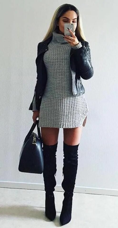 Вязаное платье с курткой фото Street Style Knitted Dresses Fashion or Passion Кожаная куртка, Куртка, Пальто