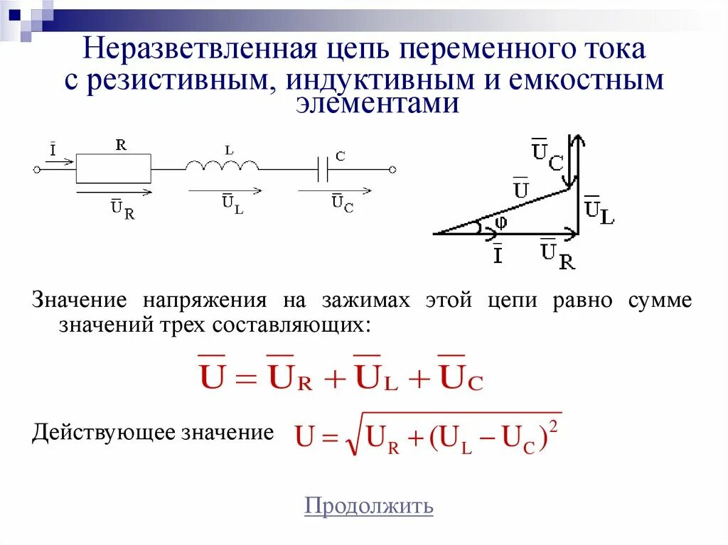 Полное напряжение цепи переменного тока. Неразветвлённая электрическая RLC-цепь переменного тока. Схема неразветвленной цепи переменного тока. Неразветвленные электрические RC цепи переменного тока. Неразветвленные электрические RL цепи переменного тока.