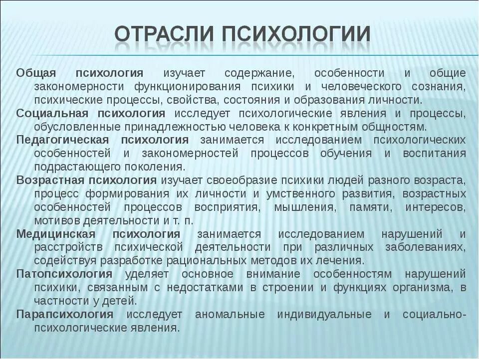 Отрасли психологии. Основные отрасли психологии. Характеристика отраслей психологии. Отрасли современной психологии.