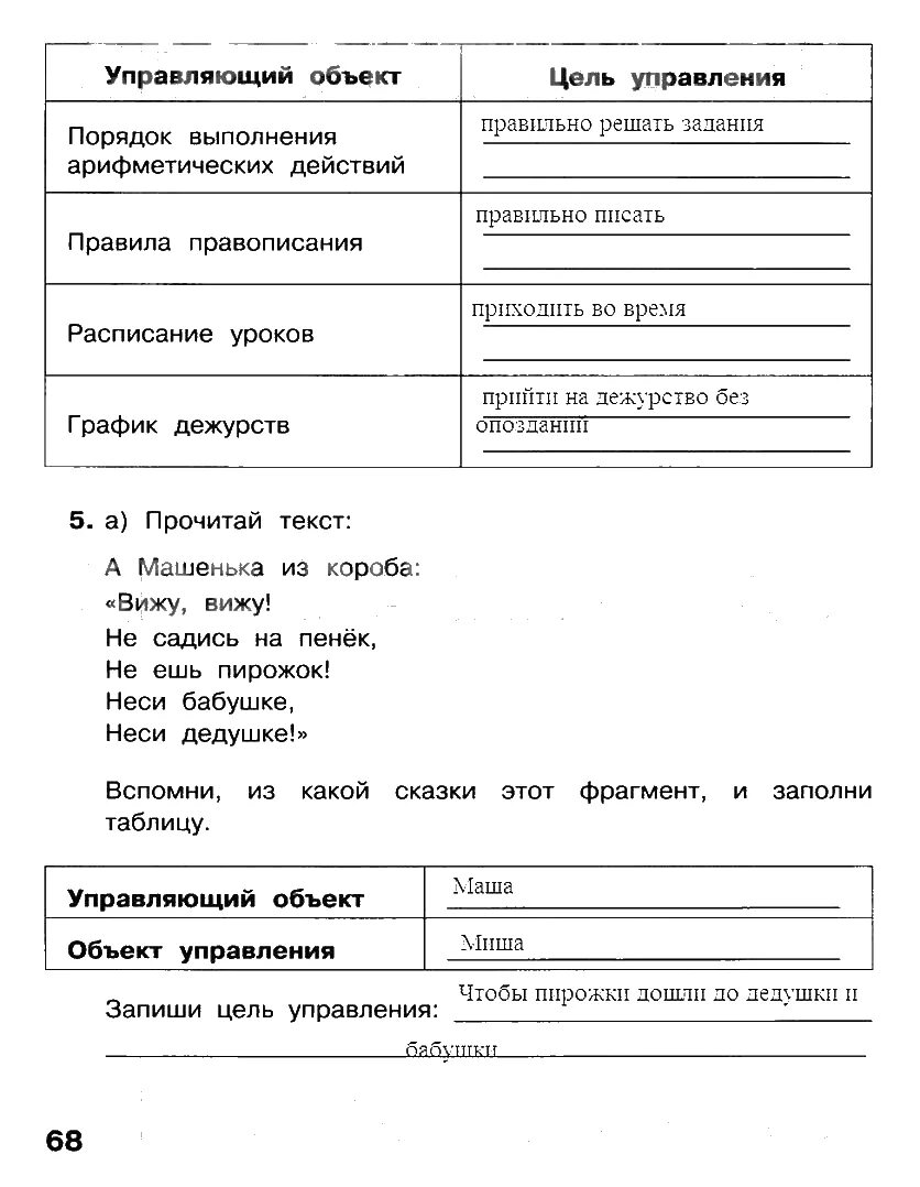 Четвертый класс рабочая тетрадь страница 68. Цель управления Информатика 4 класс.