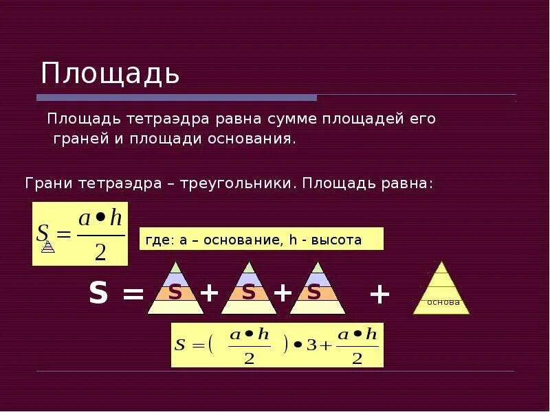 Площадь поверхности тетраэдра. Площадь полной поверхности тетраэдра формула. Площадь полной поверхности правильного тетраэдра формула. Площадь боковых граней тетраэдра формула. Площадь правильного тетраэдра формула.