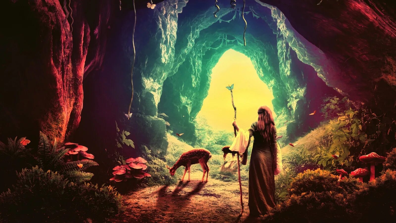 волшебницы в пещере. средневековая лаборатория алхимика арт. волшебницы в пещере. ведьма. человек с факелом в пещере.