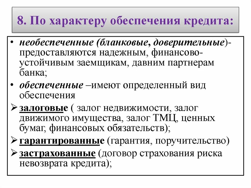 Виды обеспечения кредита. Виды обеспечения ссуд. Виды кредитов по обеспечению. Необеспеченный кредит.