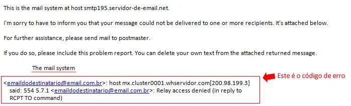 Recipient address rejected: access denied. The message below is. {"ERRORMESSAGE":"could not send message."} Перевод. The mail could not be sent to the recipients because of the mail Server failure.. Recipient address rejected