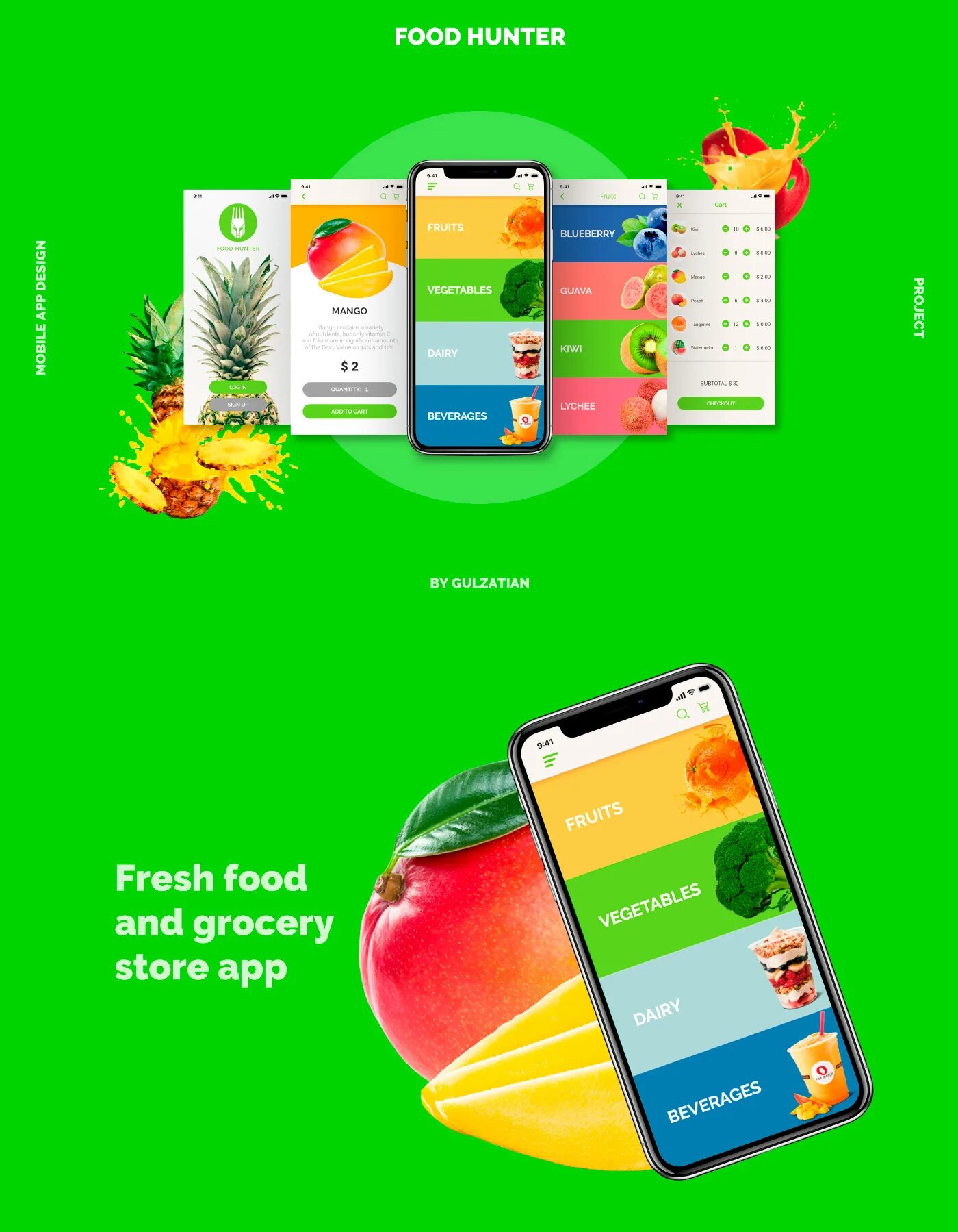 Фуд Хантере. Food Hunter. Grocery app Mockup. Food sale Design for app.