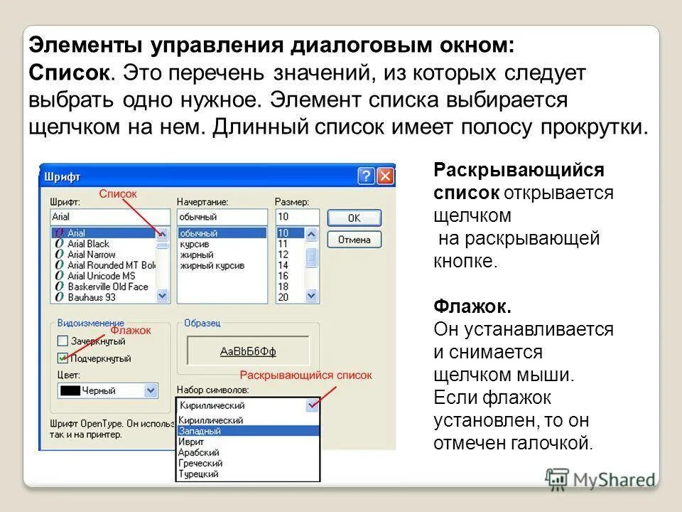 Каким образом обычным образом. Элементы управления. Управление диалогового окна. Название элементов диалогового окна. Перечислите управляющие элементы диалогового окна.