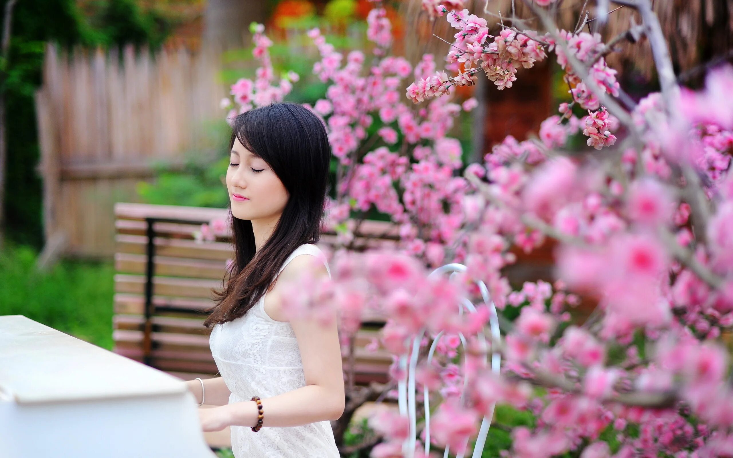 Японка в шортах. Девушка в саду. Японка в цветущем саду. Девушка в саду Сакуры. Сакура девушка.