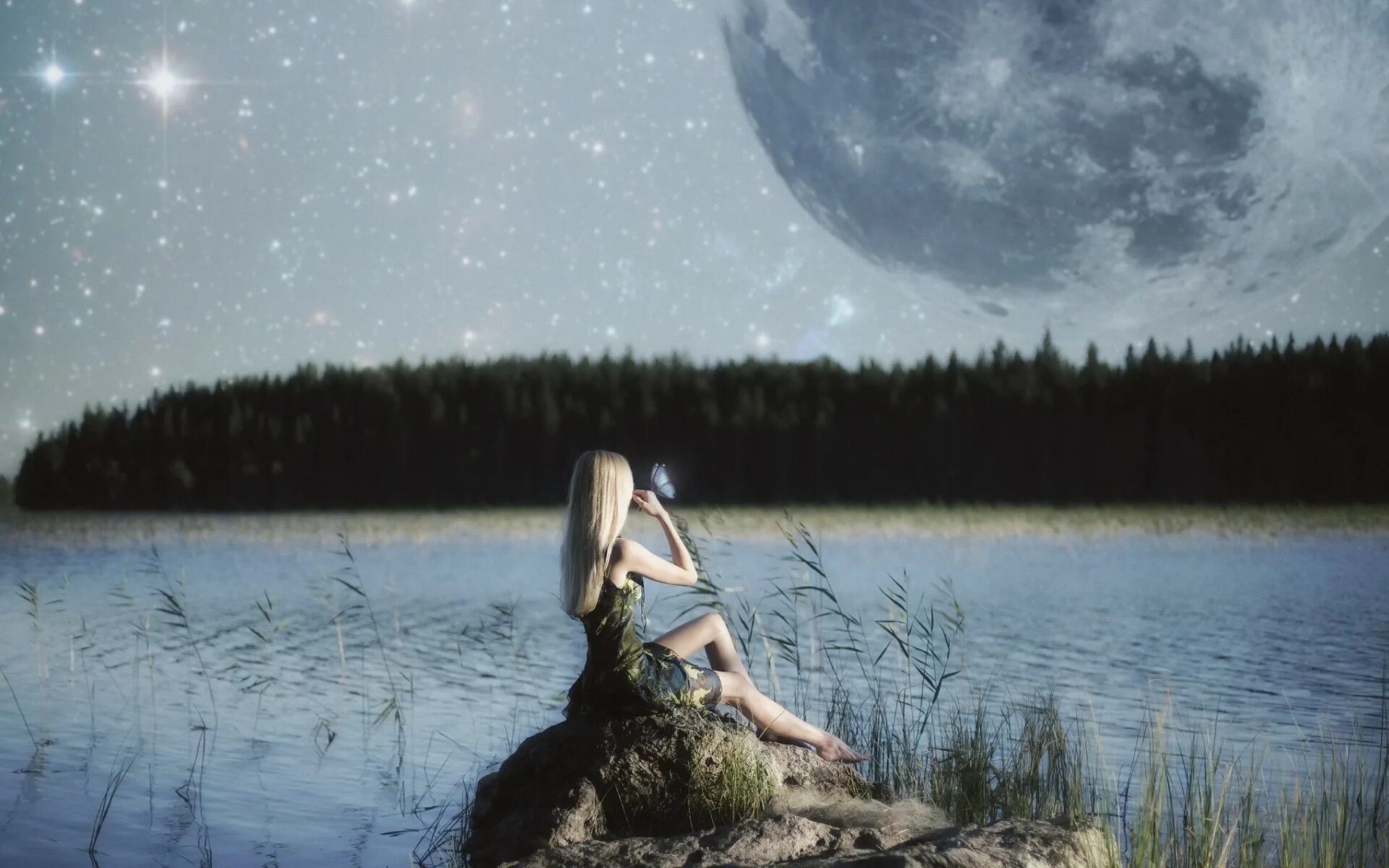 Река смотрящие лун. Ночь озеро Луна девушка. Девушка озеро Луна. Девушка над озером. Девушка в озере ночью.