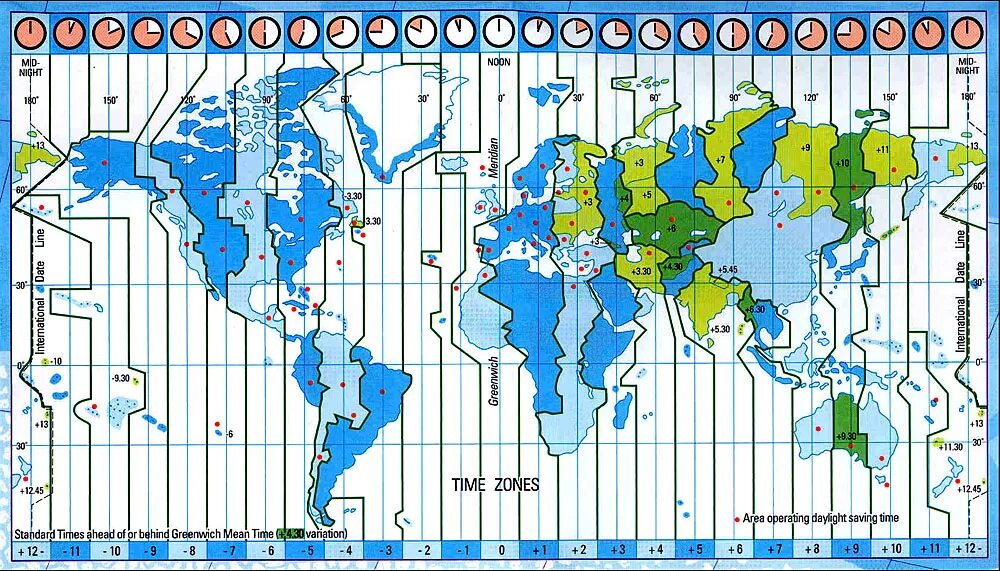 Разница во времени стран. Схема часовых поясов земли.