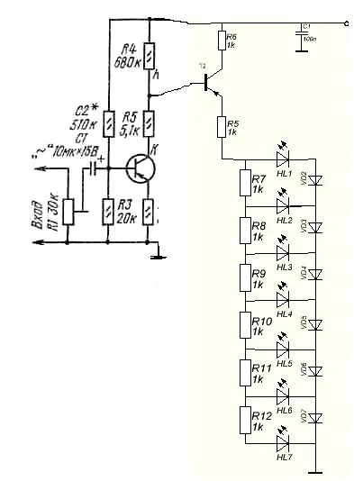 Светодиодный индикатор уровня сигнала на транзисторах кт315. Индикатор уровня сигнала на лм324. Схема индикатора уровня сигнала на светодиодах на транзисторах. Индикатор перегрузки динамика схема.