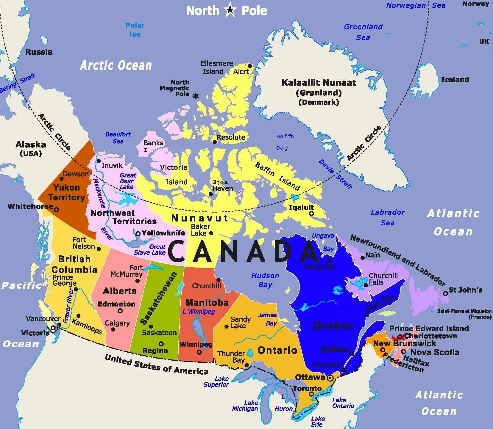 Политическая карта Канады. Карта Канады географическая. Карта Канады с городами на русском языке. Границы Канады на карте. Омывающие моря и океаны канады