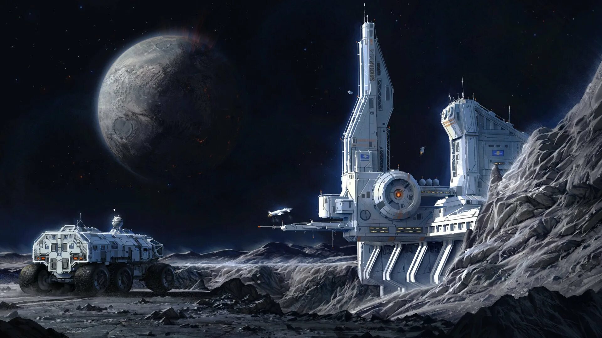Дом на луне картинки. Звездолет ретрофутуризм. Космическая база. Космическая база на планете. Город на Луне.
