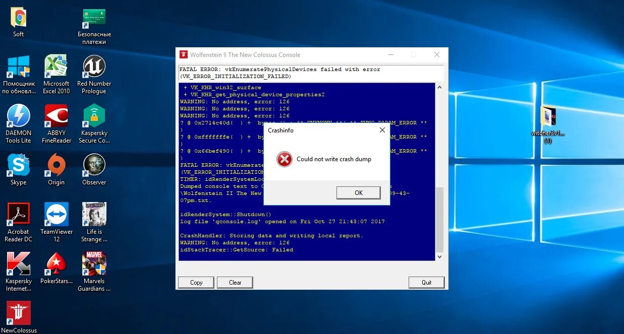 Ошибка Wolfenstein 2 the New Colossus. Wolfenstein 2 the New Colossus could not write crash Dump. Ошибка вольфенштайн 2. Синий экран вольфенштайн 2.