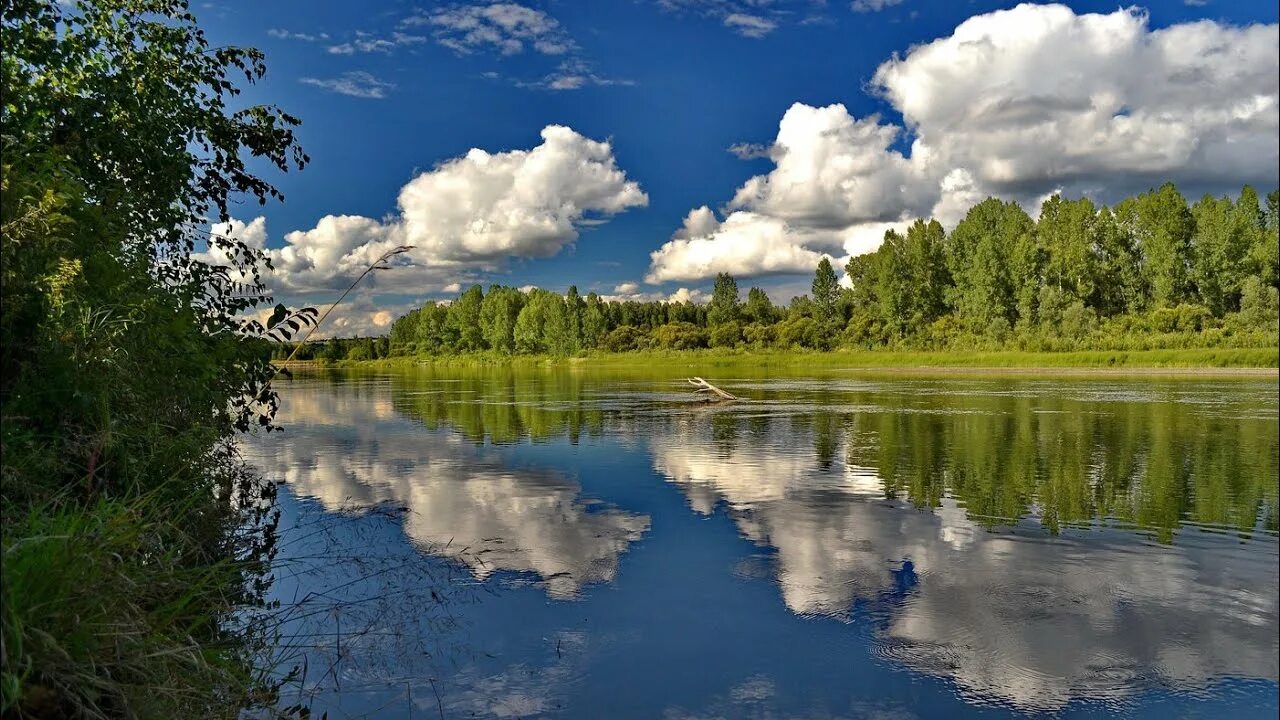 В реку смотрят облака. Река Оя. Облака в реке. Река и небо. Река и голубое небо.