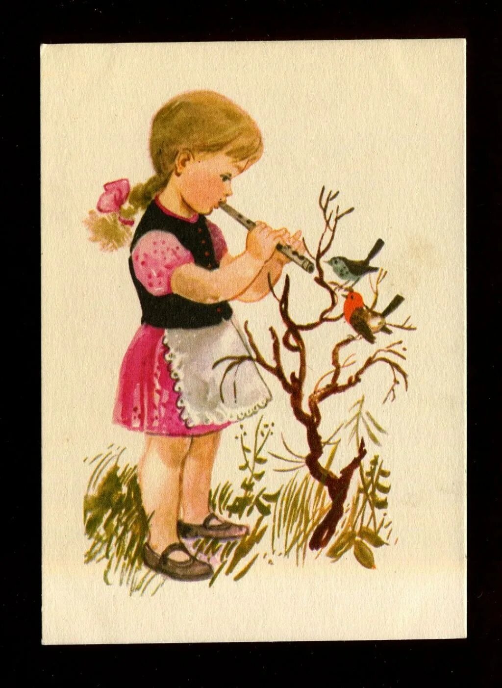 Сказка девочка птичка. Девочка с птичкой. Девочка с дудочкой. Дудочка для детей. Советские открытки с девочкой.