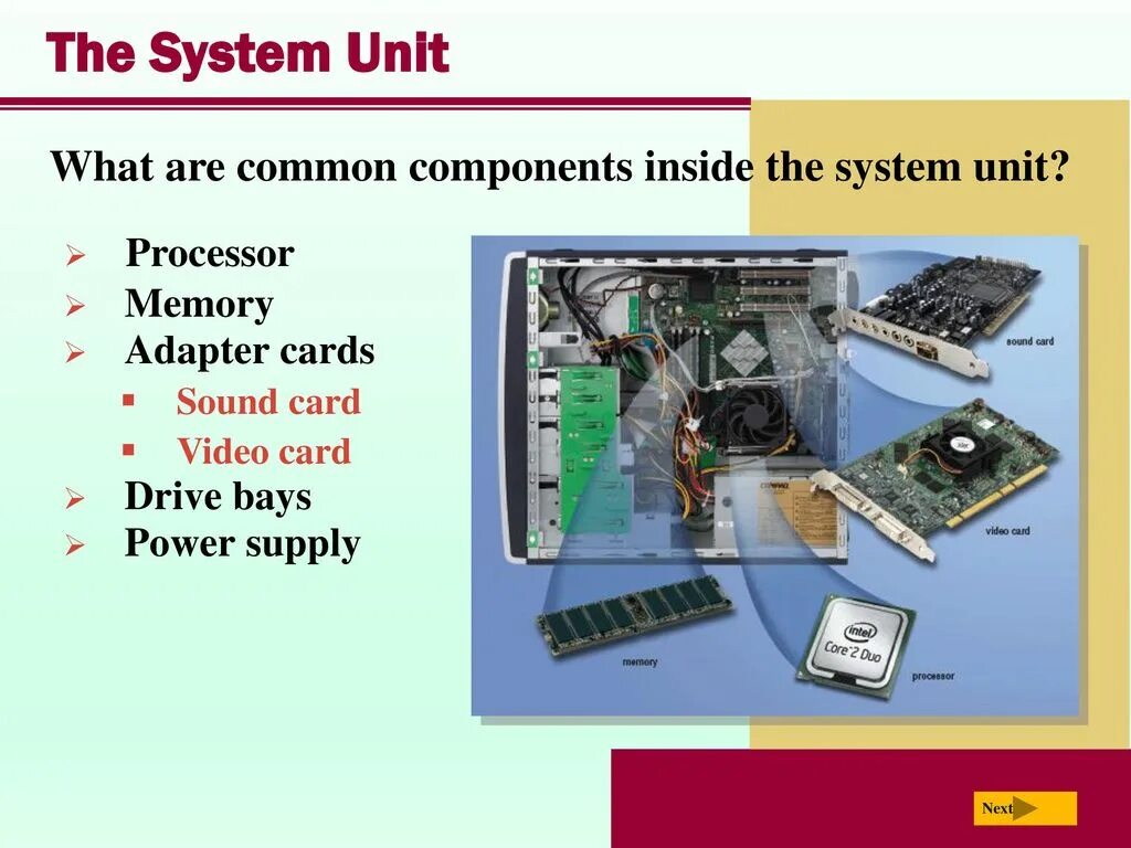 System Unit. System Unit inside. System Unit what is it. CPU – Ram – HDD – Video Card – Sound Card –. Unit components