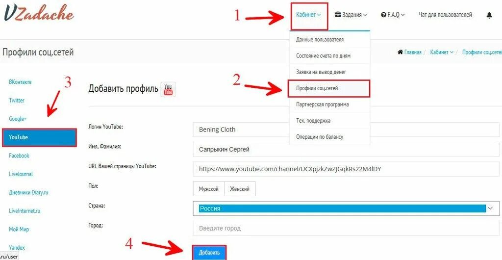 Добавить профиль. Можно выводить деньги с вк