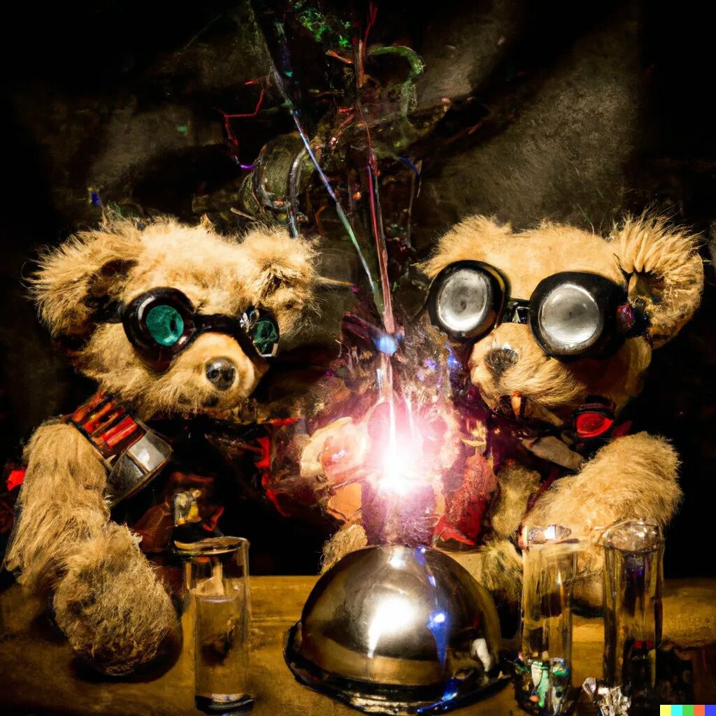 Нейросеть dall. Стимпанк ученый. dall-е нейросеть. teddy bears mixing sparkling chemicals as mad scientists, steampunk.. dall-е 2 кот.