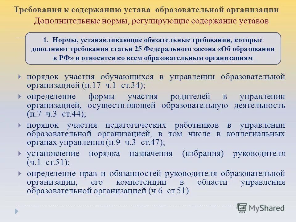 В уставе образовательной организации содержится информация