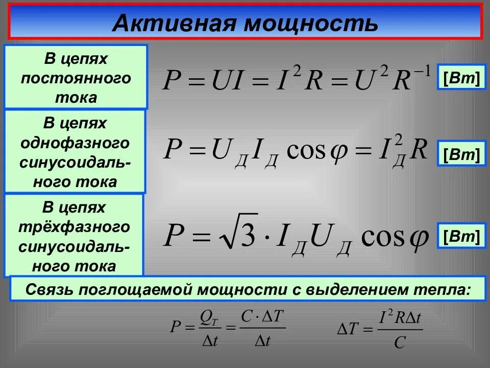 Активная мощность потребляемая нагрузкой. Определить активную реактивную и полную мощности цепи. как найти активную реактивную и полную мощность цепи. мощность в цепи постоянного тока формула. формулы активной реактивной и полной мощности.